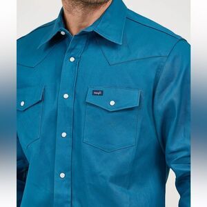 WRANGLER MENS BLUE WESTERN WEAR COWBOY CUT TWILL PEARL SNAP WORK SHIRT LARGE